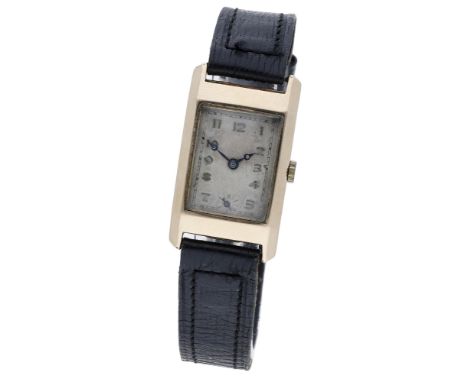 Swiss, A gold rectangular wristwatch, 1933. Movement: manual winding, 15 jewels. Dial: silvered, applied Arabic numerals, sub