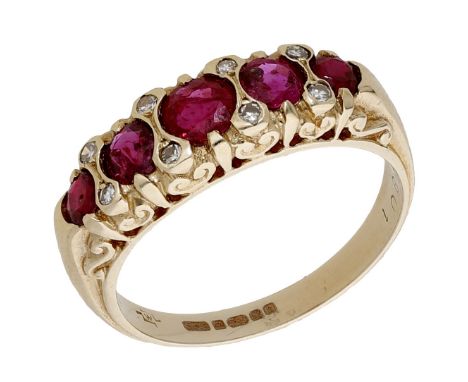 A 14ct gold and ruby five stone ring, the graduated circular-cut rubies spaced by diamond points, to a scrollwork mount, Lond