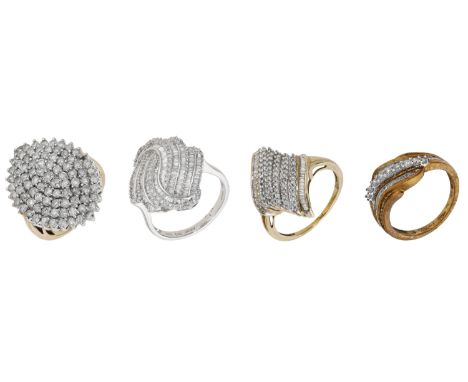 Four diamond rings, three of lozenge-shaped cluster design and one of crossover design, all set throughout with vari-cut diam