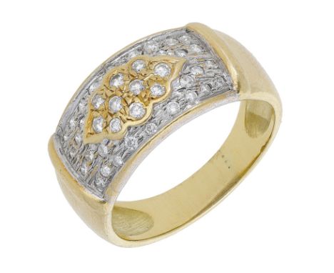 A diamond ring, the bicoloured band with a cartouche motif to the front, pavé-set with brilliant-cut diamonds, stamped ‘750’,