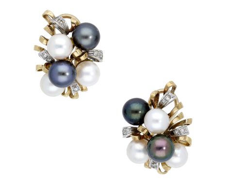 A pair of cultured pearl and diamond ear clips, the black and white cultured pearls spaced by stylised ribbon motifs with sin