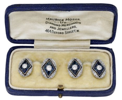 A pair of early 20th century sapphire and diamond cufflinks, each oval panel set with an old brilliant-cut diamond within a s