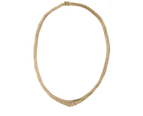 A mid 20th century fringe necklace, designed as a series of graduated textured links, stamped ‘585’, length 40cm.  £240-£300 