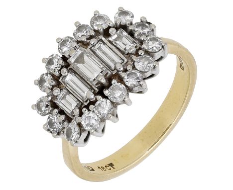 A diamond dress ring, the graduated row of baguette-cut diamonds within a lozenge-shaped surround of brilliant-cut diamonds, 