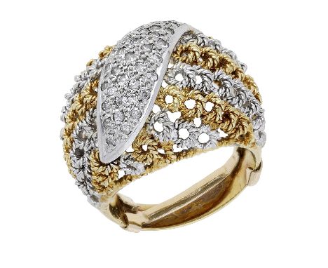 A diamond dress ring, the bombé ring of bicolour basket weave design, with a pavé-set diamond scroll to the centre, indistinc