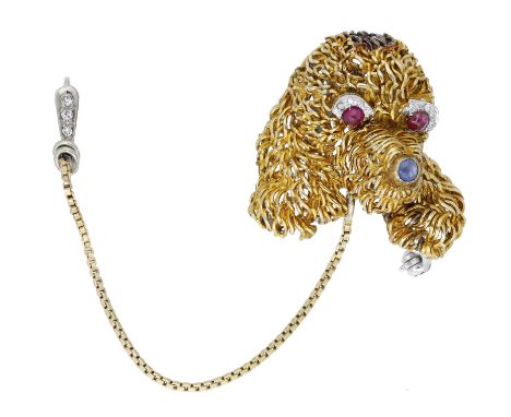 An 18ct gold and gem-set novelty dog brooch, circa 1960, with wirework coat, sapphire cabochon nose, ruby cabochon eyes and s