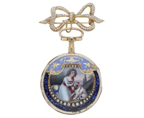 D. Humbert Droz. A gold, enamel and pearl-set watch, circa 1790. Movement: gilded full plate, verge escapement, pierced and e