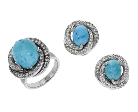 A turquoise and diamond ring and earring suite, the ring set with a turquoise cabochon within whorl surround of single-cut di