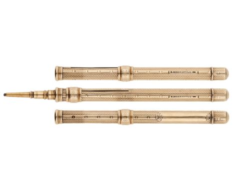 A gold propelling pencil by Sampson Mordan & Co., with engine-turned decoration, signed to the shaft ‘S. Mordan & Co’, length