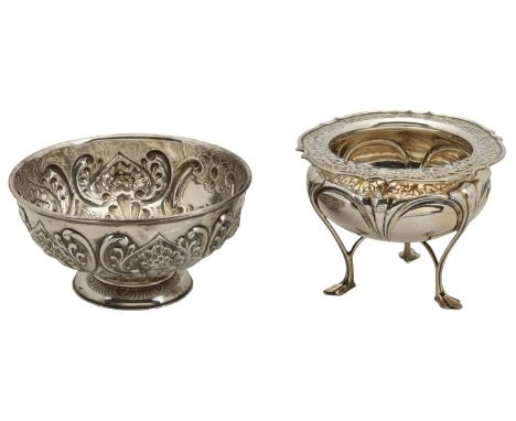 Two silver sugar basins, the first, Edward VII, of circular design, with pierce-decorated flange rim, on tall, braced legs an