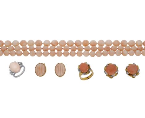 A coral and diamond ring and ear clip suite, the circular Corallium Rubrum beads each in a bicolour surround set with single-
