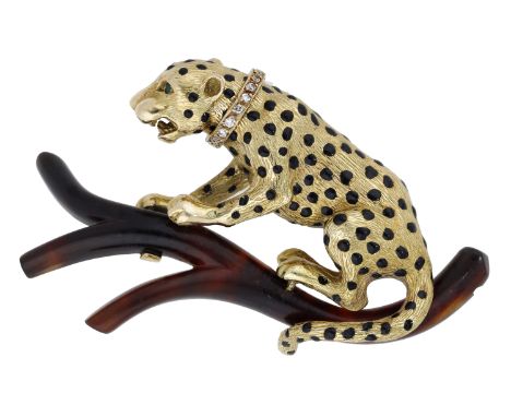 A French gem-set leopard brooch, the 18ct gold leopard realistically modelled with black enamel spots, brilliant-cut diamond 