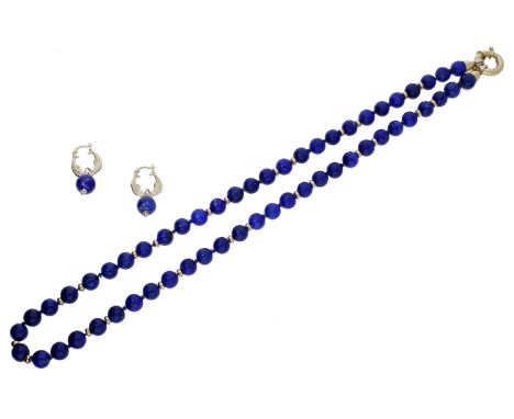 A lapis lazuli necklace and a pair of earrings, the uniform row of lapis lazuli beads spaced by polished roundels, to a bolt-