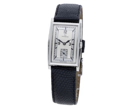 Omega. A stainless steel rectangular wristwatch, circa 1935. Movement: manual winding, 15 jewels, no. 9146589. Dial: silvered