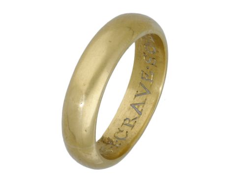 A gold posy ring, 17th century, the D-shaped band with seriffed Roman capitals inscription to the interior ‘+as.i.crave.so.le