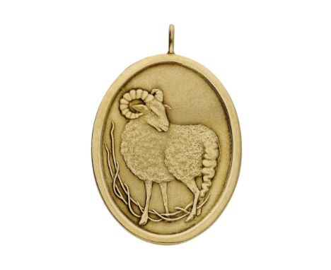 An 18ct gold ‘Zodiac’ pendant by Asprey, 1981, the oval panel depicting a ram for Aries, within a raised polished border, sig