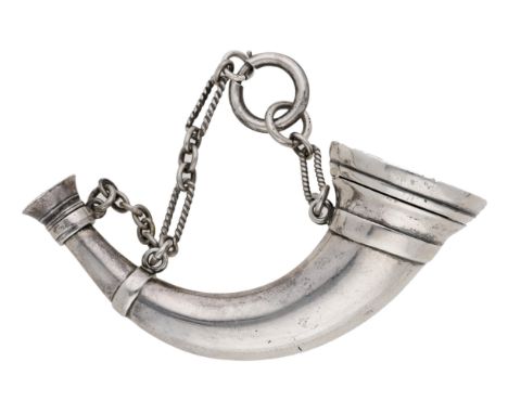 A Victorian silver hunting horn vinaigrette/perfume flask, by Sampson Mordan & Co., the horn with hinged cover opening to rev