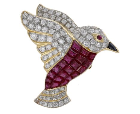 A ruby and diamond hummingbird brooch, set throughout with brilliant-cut diamonds, with a calibré-cut ruby chest, ruby caboch