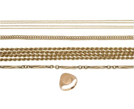A small collection of jewellery, comprising a ropetwist necklace, stamped ‘750’, a double curb-link chain necklace, stamped ‘