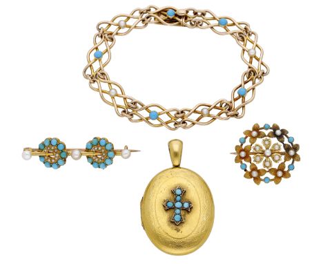 A small collection of antique seed pearl and turquoise jewellery, comprising a bracelet, two brooches and a locket, all mount