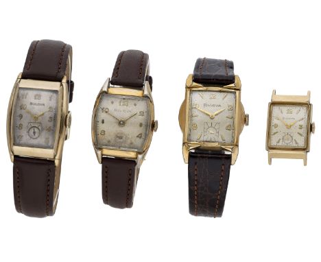 Bulova. Four gold plated wristwatches, circa 1940 & later. Movements: manual winding. Dials: silvered.  Cases: gold plated. S