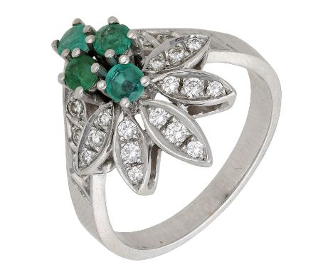An emerald and diamond ring, of foliate design, set with circular-cut emeralds and brilliant-cut diamonds, Portuguese assay m
