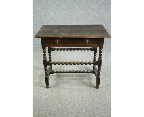 Side table, William and Mary oak with plank top on bobbin turned and stretchered base. Probably with it's original handles. H