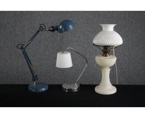 Three desk lamps including an anglepoise style light. H.50cm. (largest) Proceeds from this lot will be donated to the Sarcoma