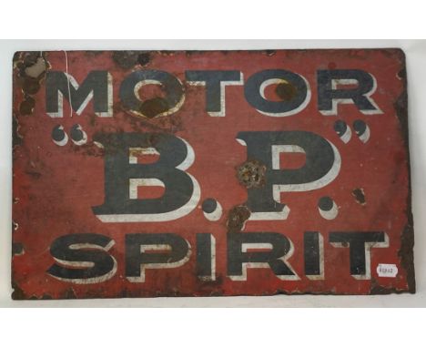 A double sided enamel sign, BP Motor Spirit, some loss and a hole to one corner, 38 cm high x 61 cm wide 