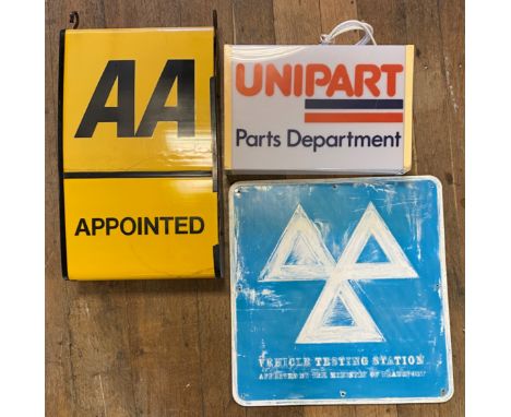 A Unipart Parts Department light box, 50 cm wide, and AA Appointed hotel sign, slight loss, 42 cm wide, and a Vehicle Testing