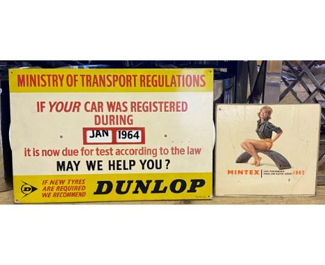 A Ministry of Transport Regulations (Dunlop) sign, with adjustable dates, 76 cm wide, and a Mintex High Performers Brake and 