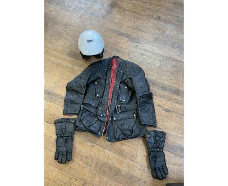 A vintage leather three quarter motorcycle jacket, a pair of leather gauntlets, a pair of leather gloves, a Dartex red dry su