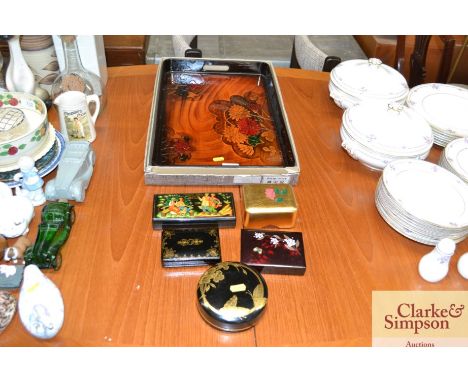 An oriental tray together with five trinket boxes 