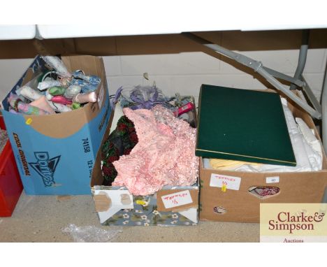 Three boxes of various textiles etc.
