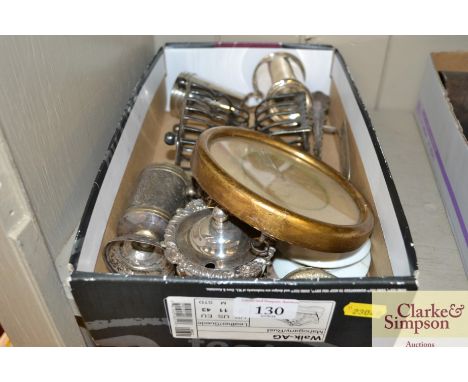 A box of various silver plated items; and a portrait print 
