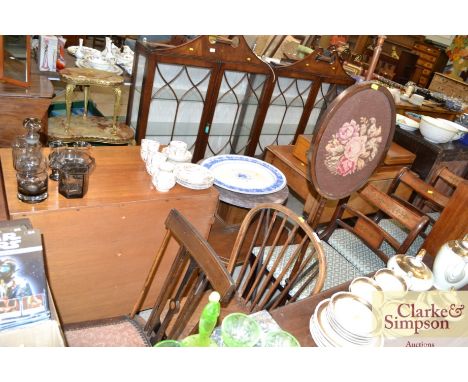 A stick back chair; an Edwardian bedroom chair and a pole screen 