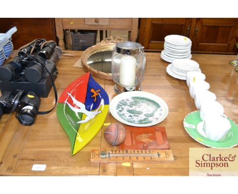 A glass dish; a circular convex wall mirror; thermometer; candle lantern etc