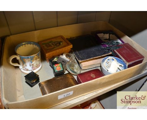 A box containing lead figures, a sketch book, ivory items, cigarette case, small trinket boxes etc.