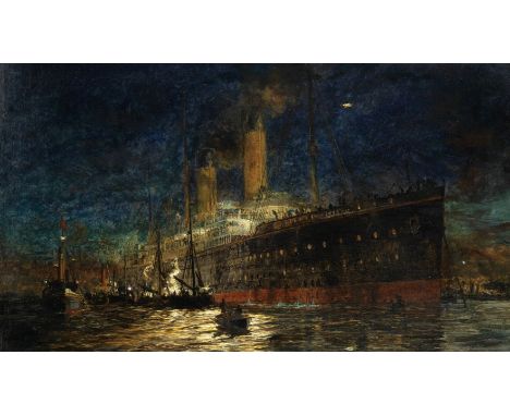 William Lionel Wyllie, R.A. (British, 1851-1931)The White Star liner Oceanic (II) lying at anchor and loading coal late at ni