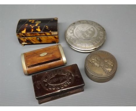 19th century turtle shell small box, various other match cases, snuff box etc 