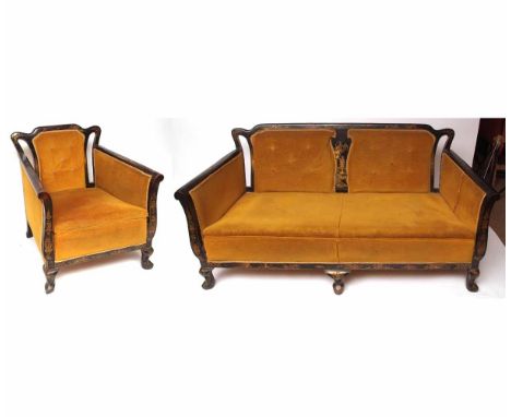 Chinoiserie sofa and matching armchair, mustard upholstered all raised on short pointed supports and well decorated in colour