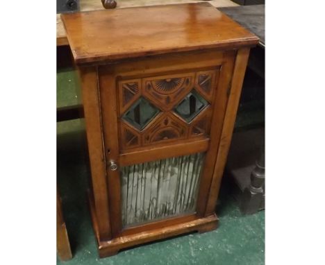 19th century mahogany single door cupboard, with two diamond-shaped mirrors with glazed panel underneath and carved half flor