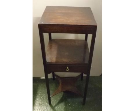 Georgian mahogany wash stand with open shelf and single drawer, supported on X-stretcher on four square legs, 13 ins wide x 1