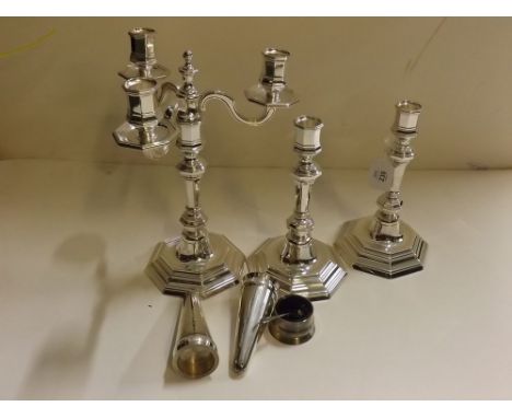 Christofle candlestick and candelabrum set, further plated salt and cruet items 
