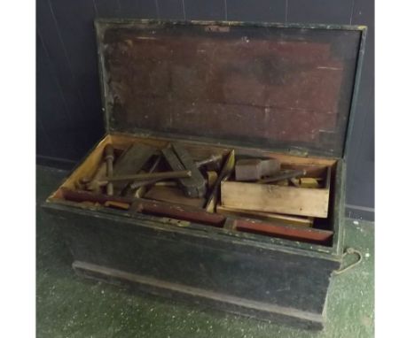 Green painted pine framed fitted tool chest, with quantity of vintage tools to include box planes, moulding planes etc, chest