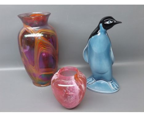 Poole Pottery model of a standing penguin with underglazed blue detailing, together with a further bulbous Studio glass Langh