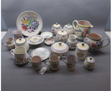 21 items of Poole Pottery to include six lidded preserve pots, seven jugs of varying sizes, two small vases, a posy holder, p