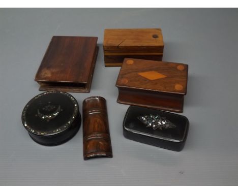 Papier m ch snuff box, sealed box, and three others 