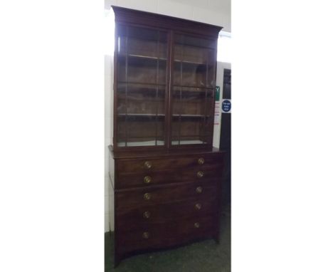 Georgian mahogany secretaire bookcase, top fitted with two astragal glazed doors and adjustable shelves with brass bezel, bas