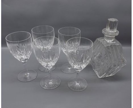 Set of five clear cut glass wine glasses, together with a further diamond stepped clear glass decanter and stopper (6) 